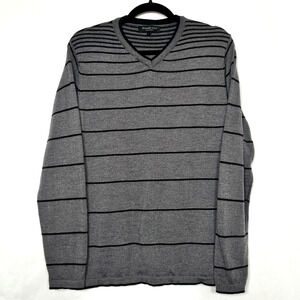 Brunella Gori Mens Large Merino Wool V-Neck Pullover Sweater Grey Black Stripes